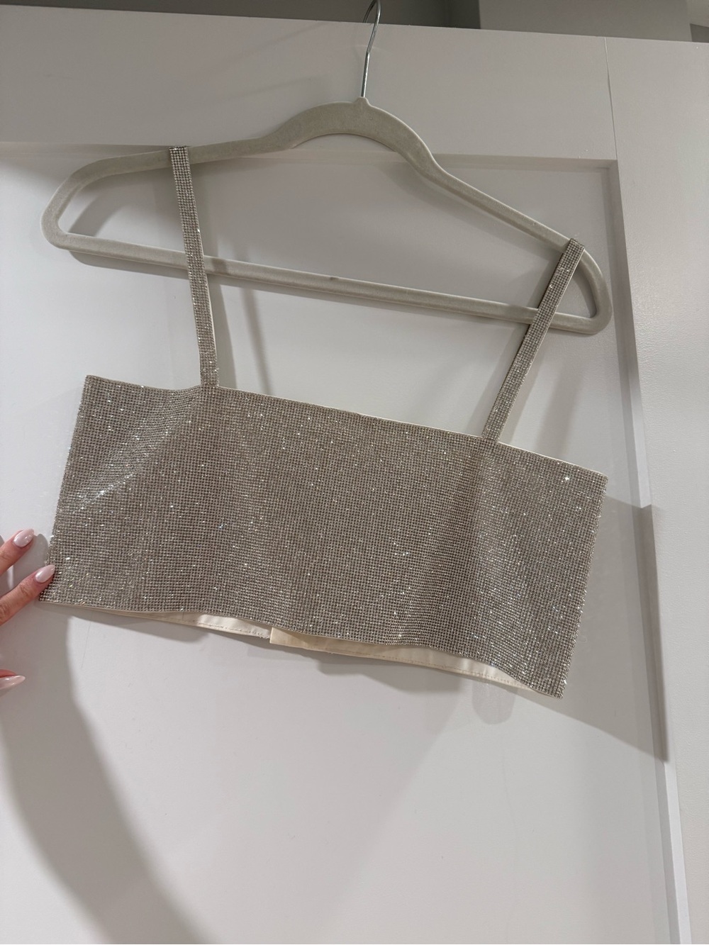 12th Tribe Beige Rhinestone Crop Top